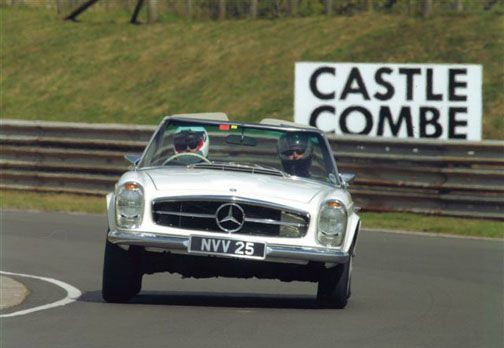 Sarah Taylor with the Type W113 280SL and a Scottish Highland bull in 